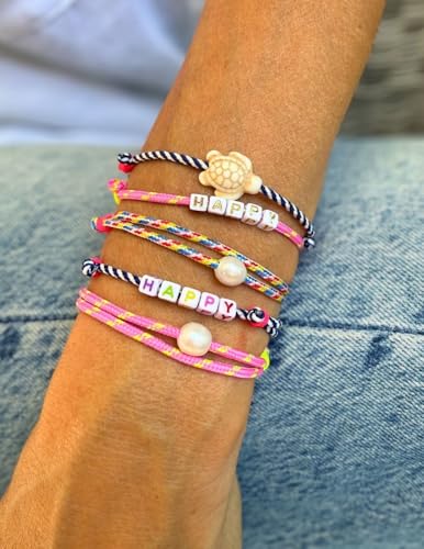 Thumbnail 1 de happymaker Segeltau Armband Damen – Rosa mit echter Süßwasserperle, zwei neon-gelbe Schiebeknoten, größenverstellbar