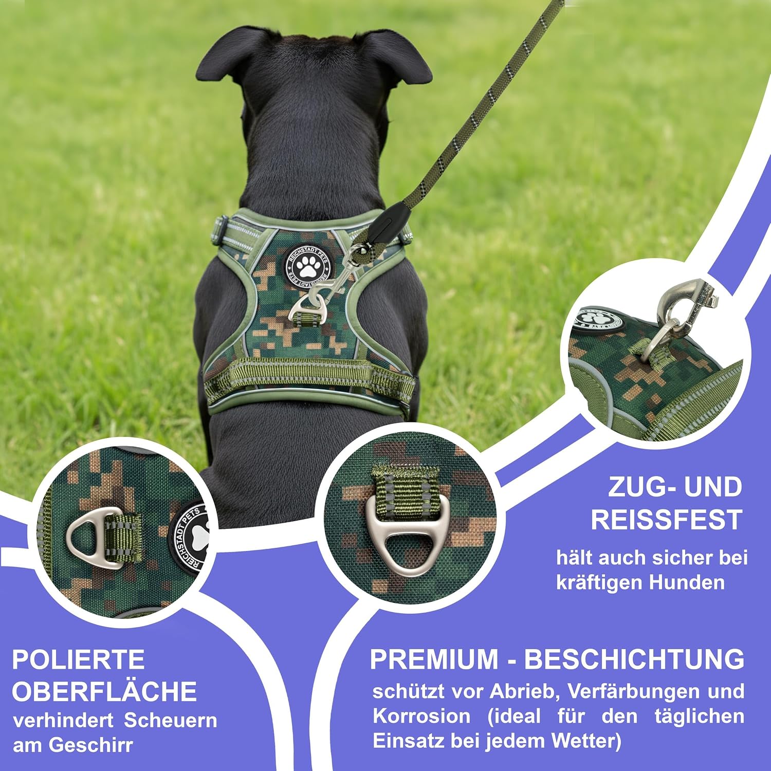 Detalle de Reichstadt Pets Pettorina per Cani regolabile anti-tiro con maniglia e inserti riflettenti, imbottita e traspirante (taglia M)