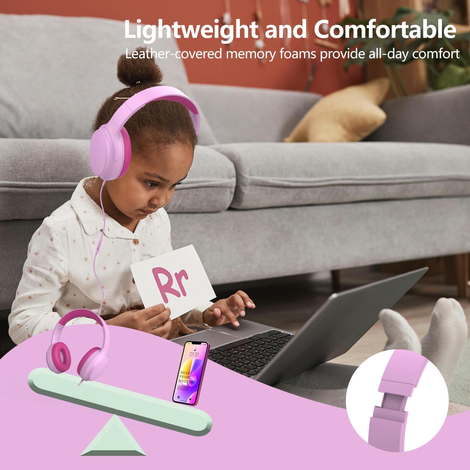 Thumbnail 5 de Usoun Kids Headphones: Wired Over-Ear with 85/94dB Volume Limiter (Pink)