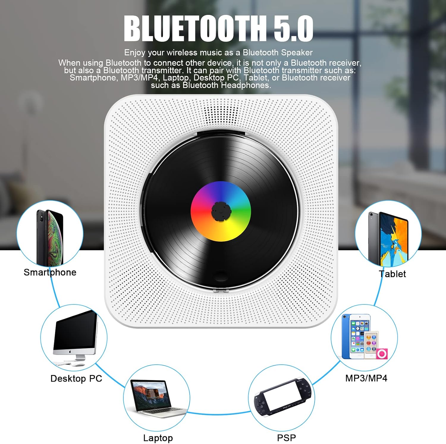 Detalle de Lecteur CD de Bureau Gueray 6-en-1 avec Bluetooth, Hi-Fi intégré et écran LED