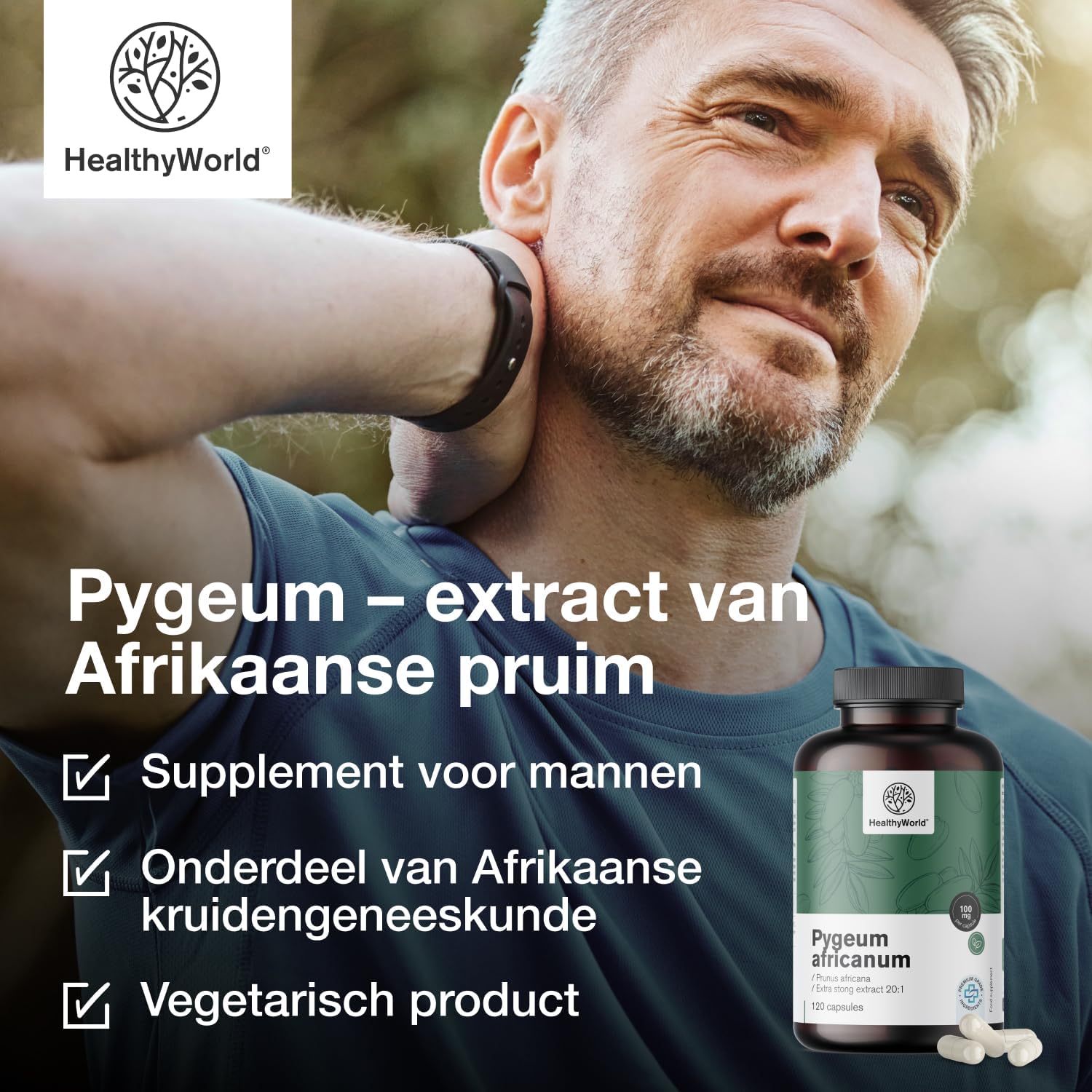 Detalle de HealthyWorld Pygeum 100 mg, extract 20:1, 120 vegetarische capsules