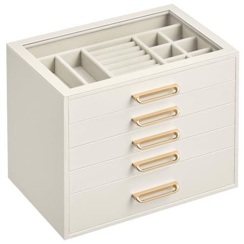 Detalle de SONGMICS Portagioie con Coperchio in Vetro, a 5 Cassetti – MDF, design elegante