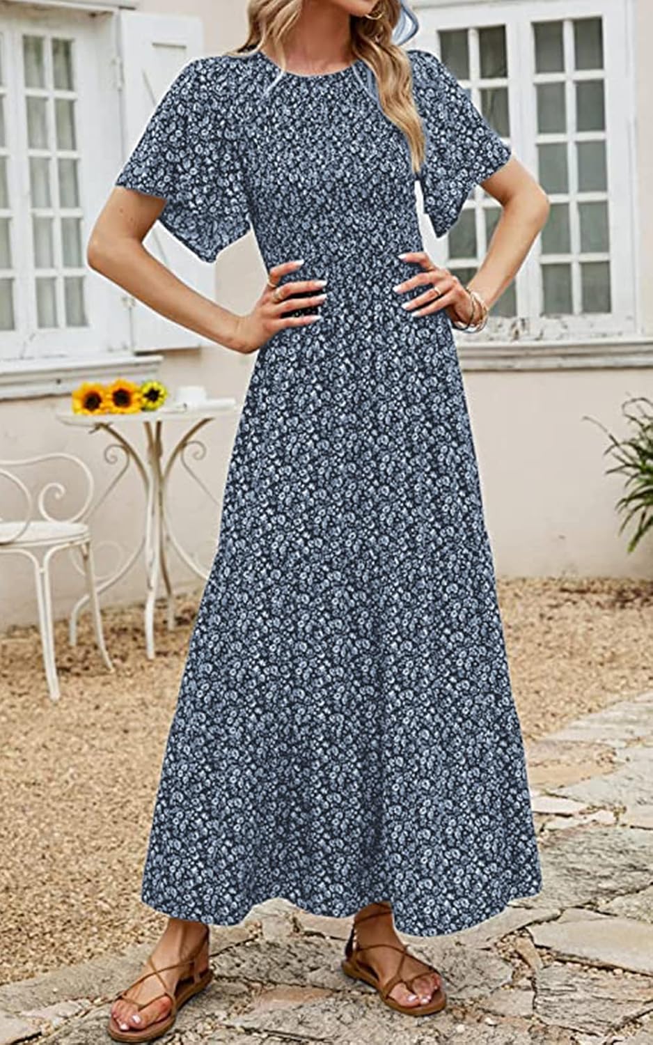 Detalle de PRETTYGARDEN Women's 2026 Summer Flutter Short Sleeve Boho Floral Maxi Dress