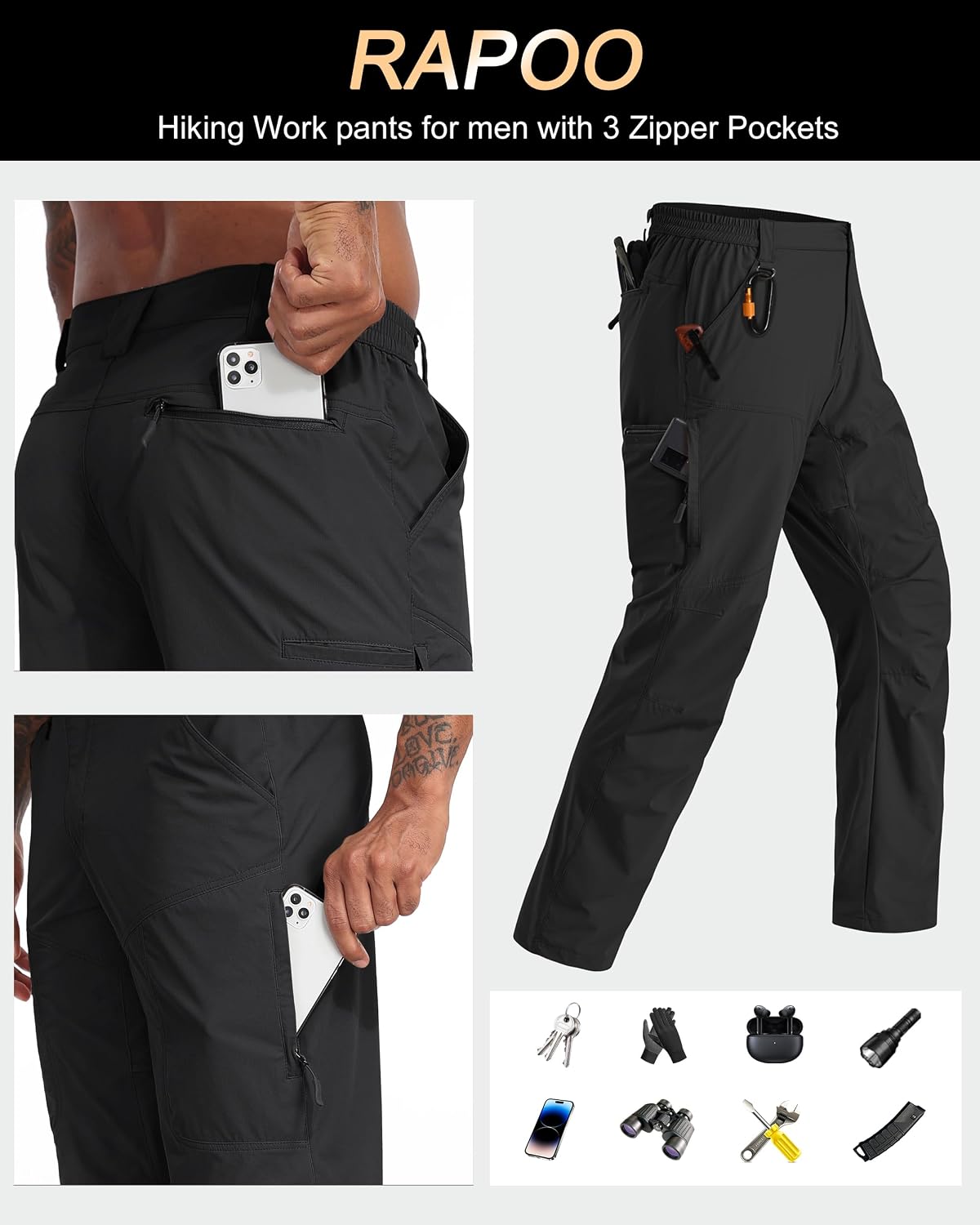 Detalle de Rapoo Men's Hiking Pants: Lightweight, Water-Resistant Nylon Cargo Pants with 6 Pockets