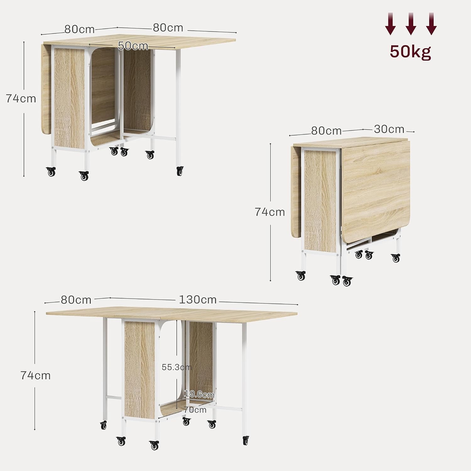 Detalle de HOMCOM 835-789V00ND Folding Dining Table, Drop-Leaf, 6 Wheels and Storage Shelf