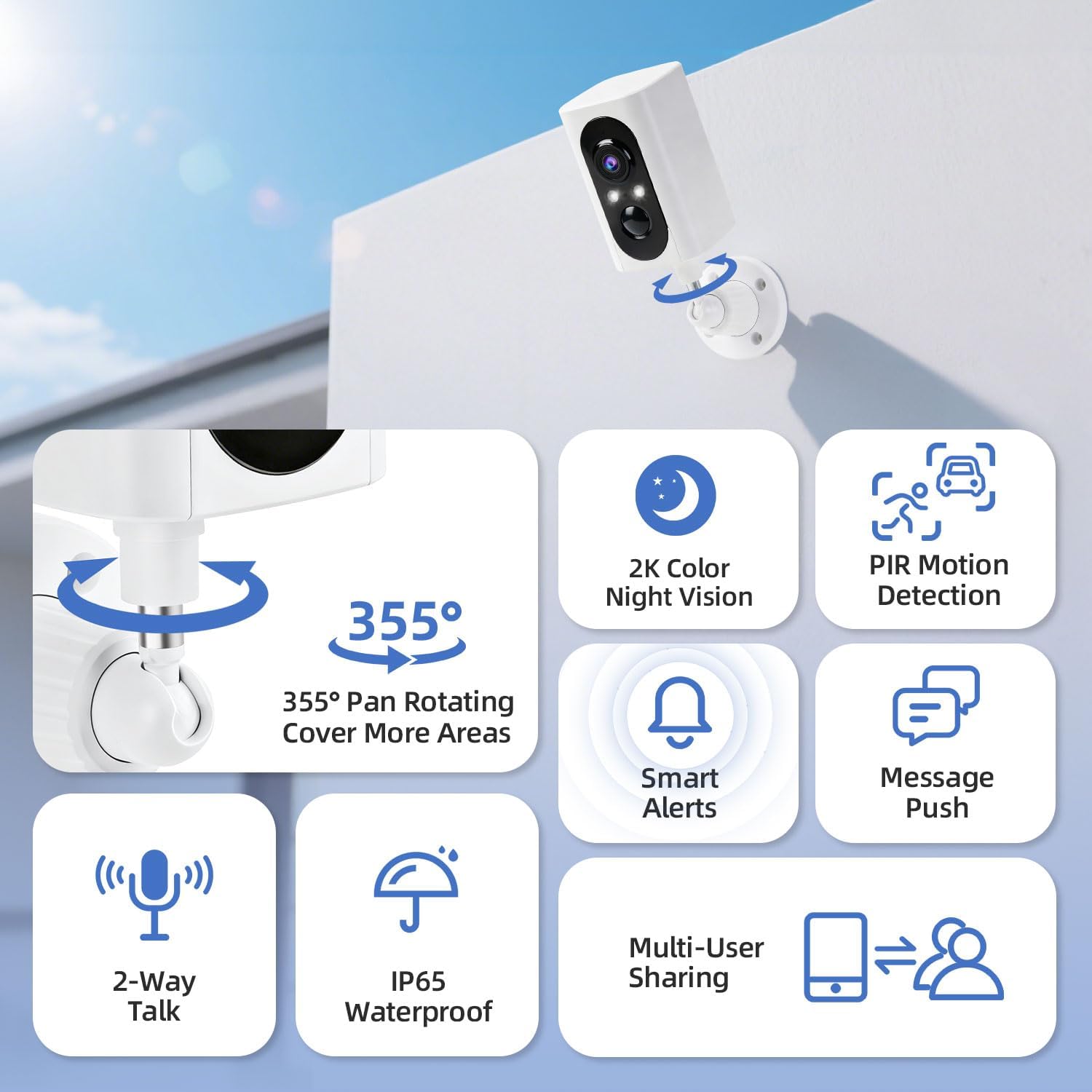 Thumbnail 1 de Security Cameras Wireless Outdoor 2-Pack (355° Pan, 2K, Color Night Vision, WiFi Battery, PIR Alerts, 2-Way Talk, IP65) — Spotlight & Siren