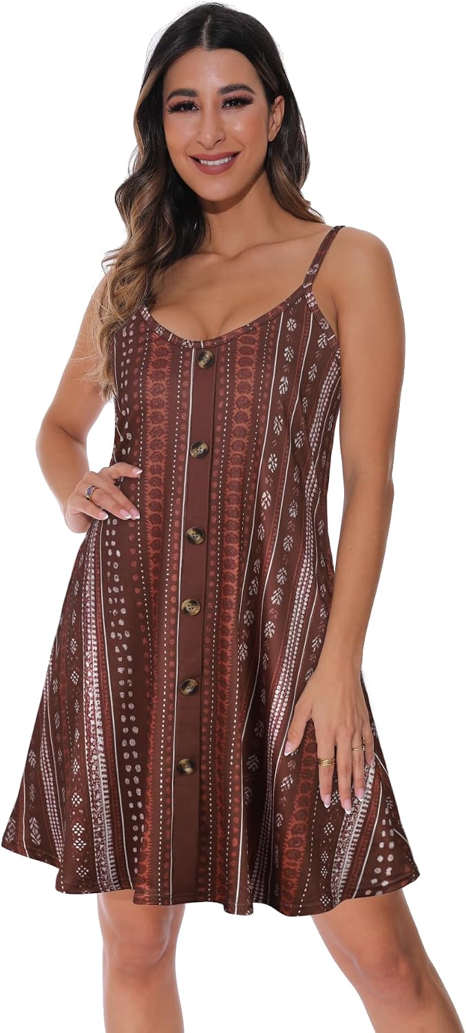 Detalle de ADOREJOY Women's Spaghetti-Strap Sundress with Buttons, Pockets and V-Neck