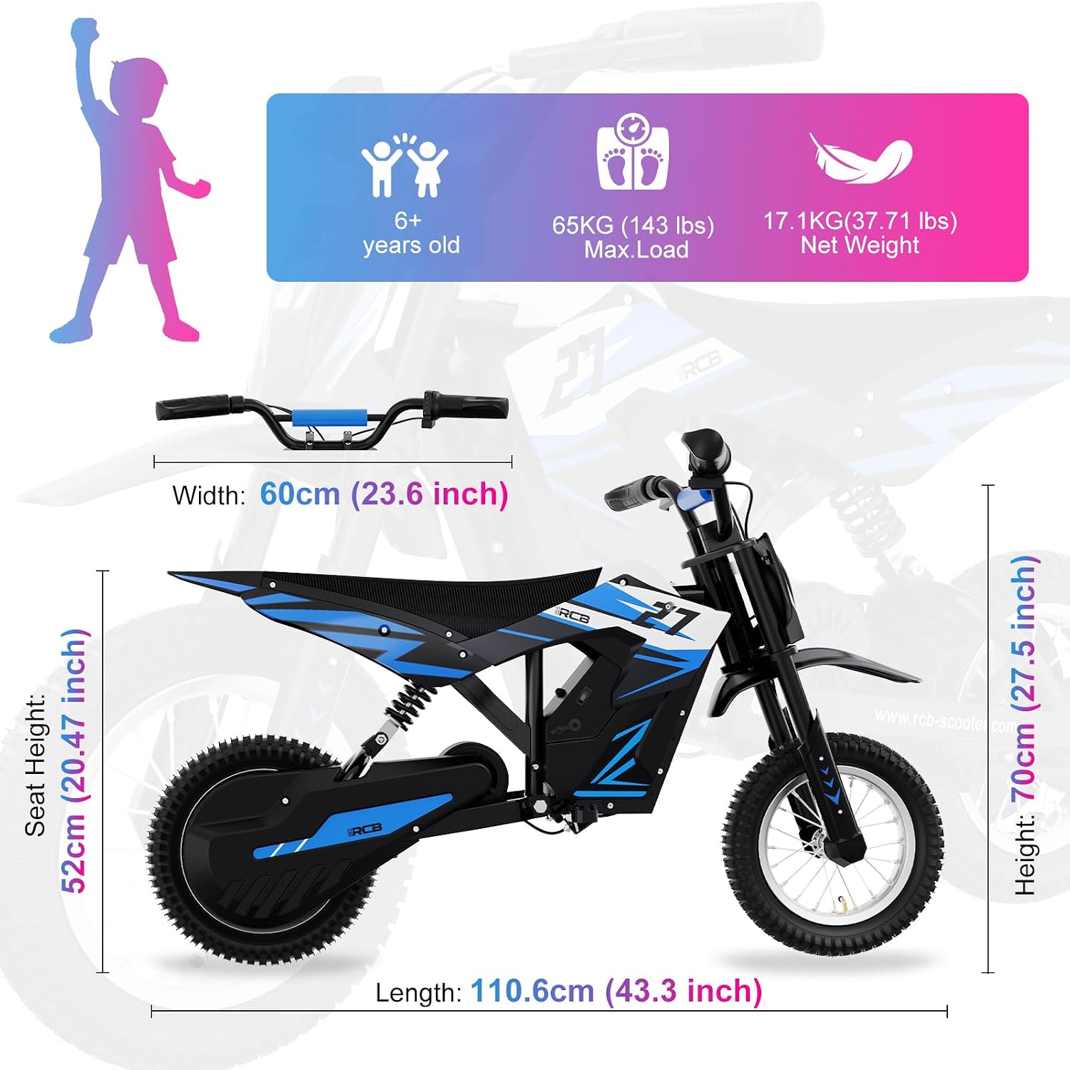 Detalle de RCB R9X Electric Motorcycle Kids (12 inch Pneumatic Tires) – 3 Speed Modes, 10.5 Mile Range, Blue