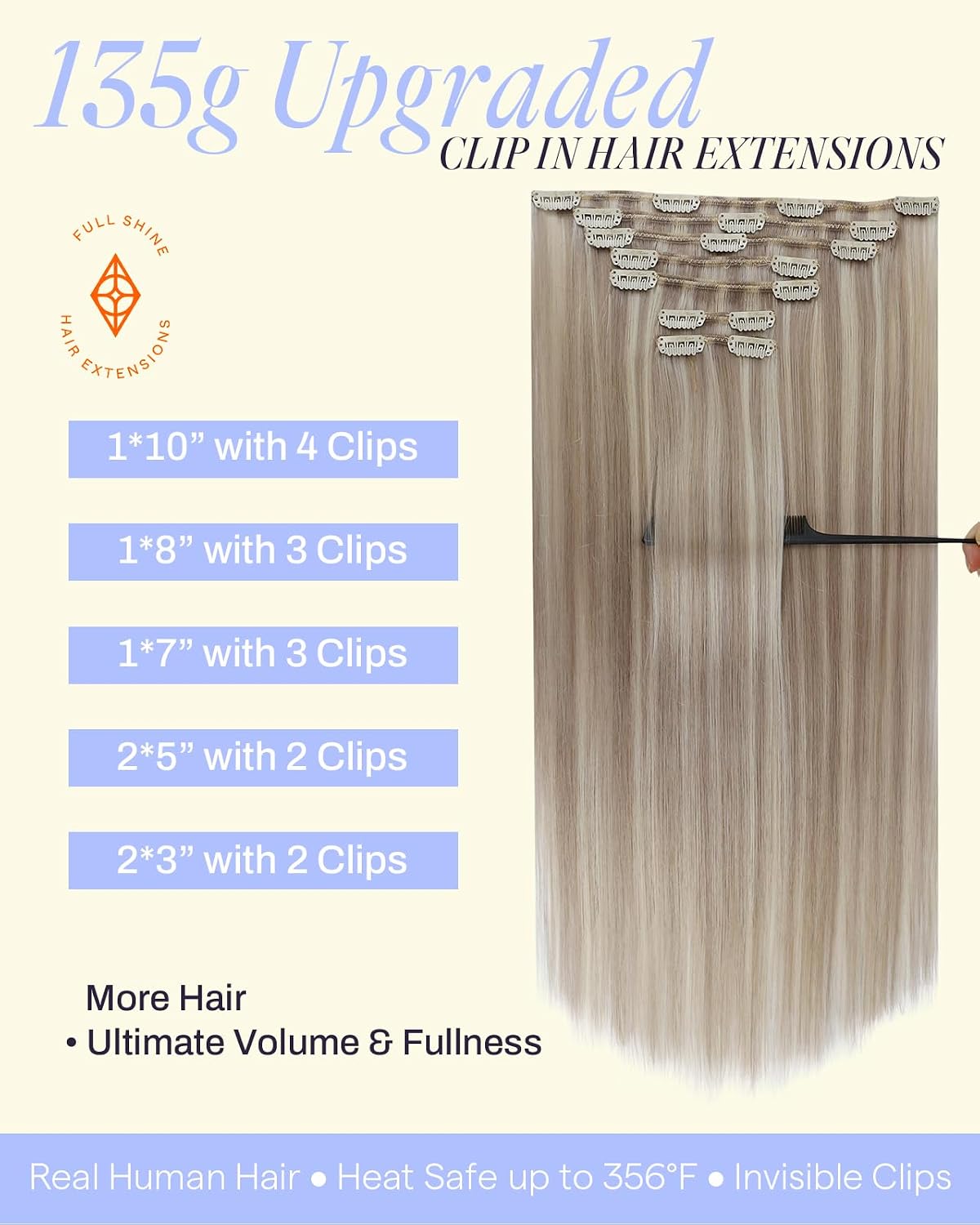 Detalle 2 de Full Shine Thick Clip-In Hair Extensions (Ash Blonde Highlight / Remy Human Hair), 24 Inch 7Pcs