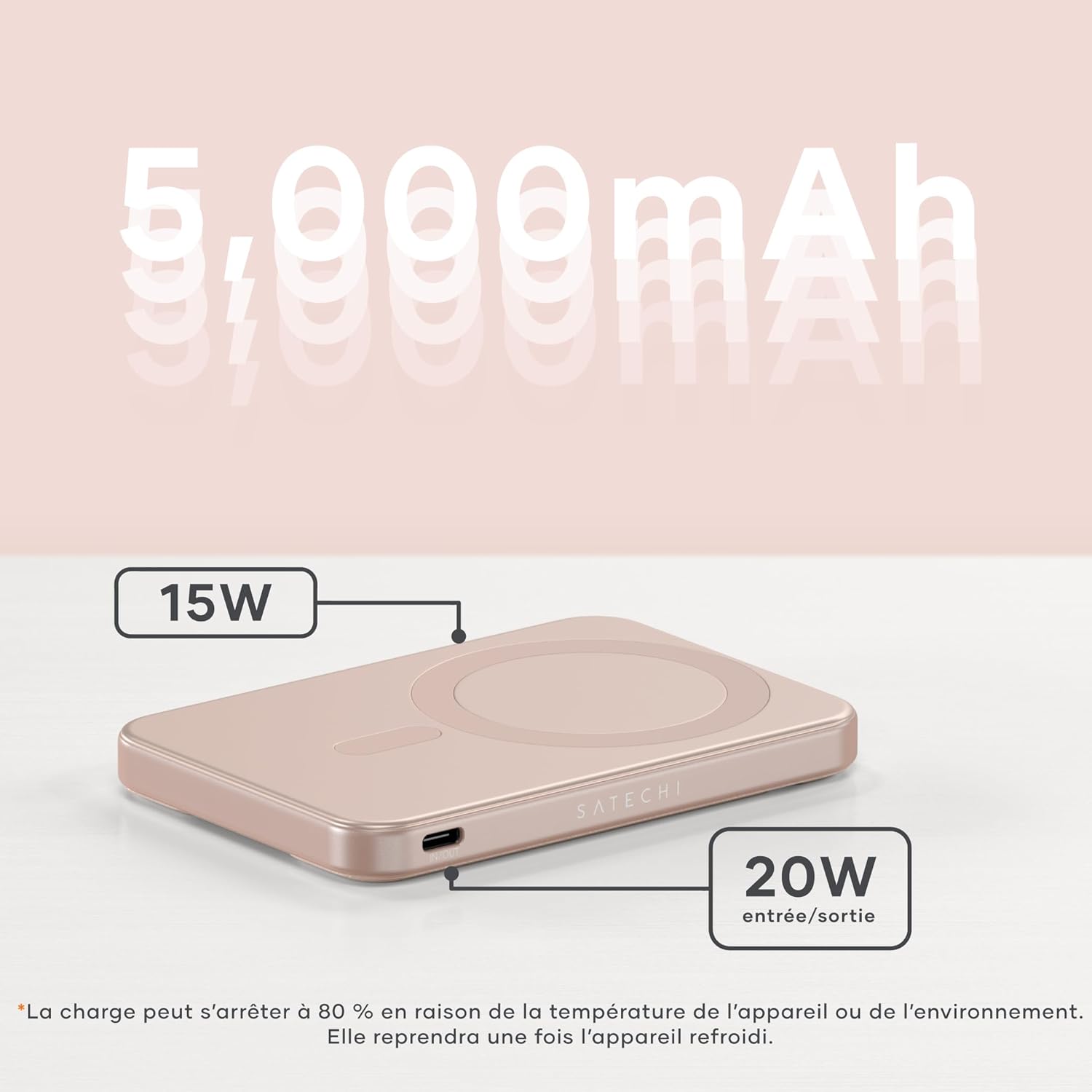 Thumbnail 2 de SATECHI OntheGo™ Batterie Externe MagSafe 5000 mAh Qi2 avec support pliable (rose) — charge rapide jusqu’à 15 W