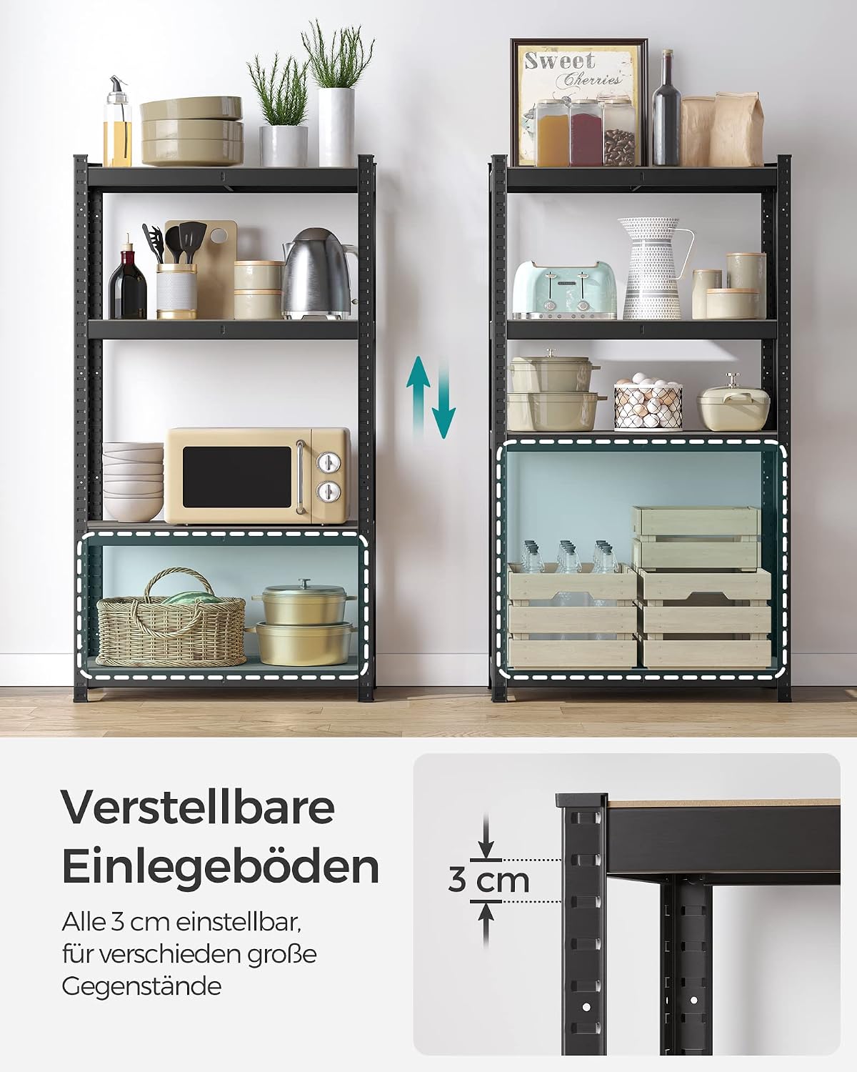 Detalle de SONGMICS Schwerlastregal-Set GLR044B02 (2er Set), 40 × 80 × 160 cm, Stahlgestell, 4 höhenverstellbare Ablagen