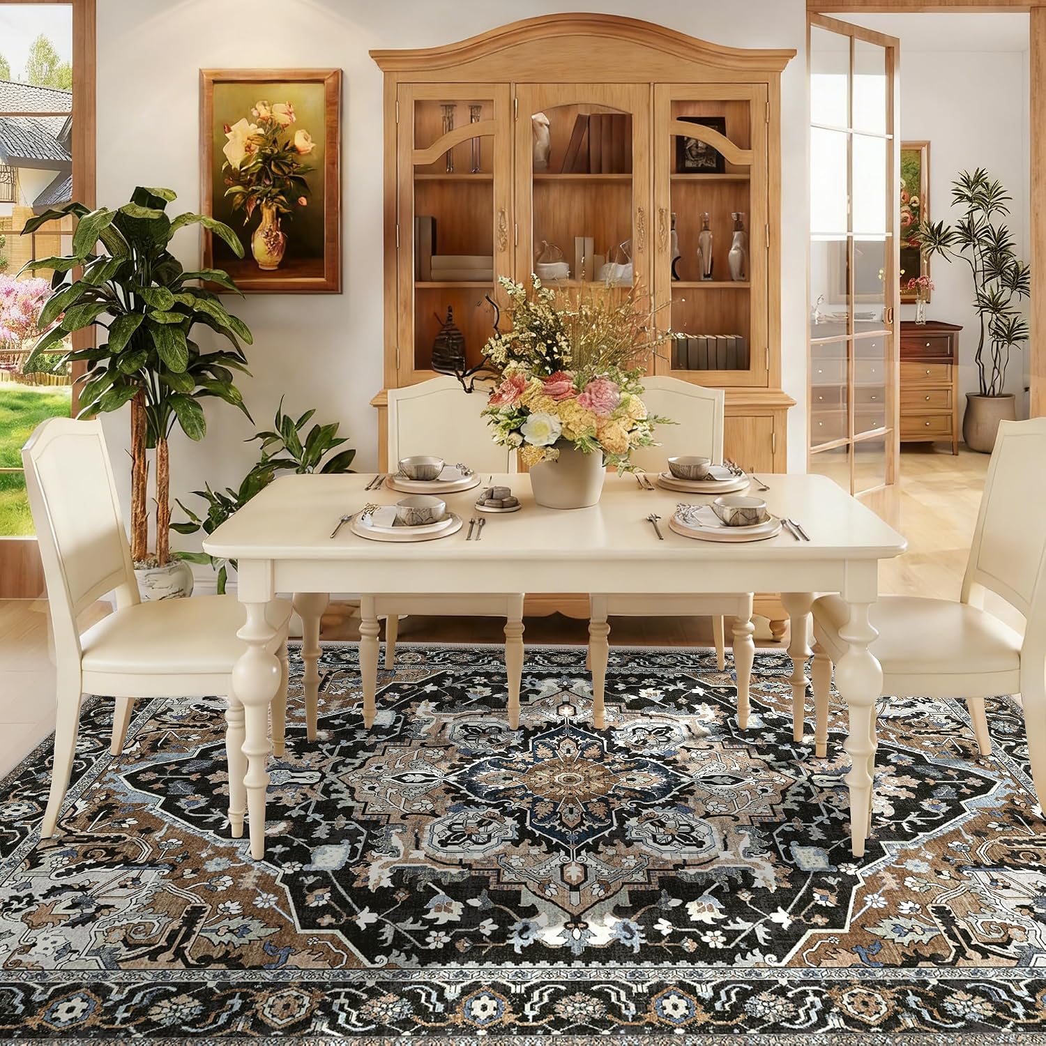 Detalle de Deerly 6' x 9' Washable Area Rug, Low Pile, TPE Backing, Black/Multi