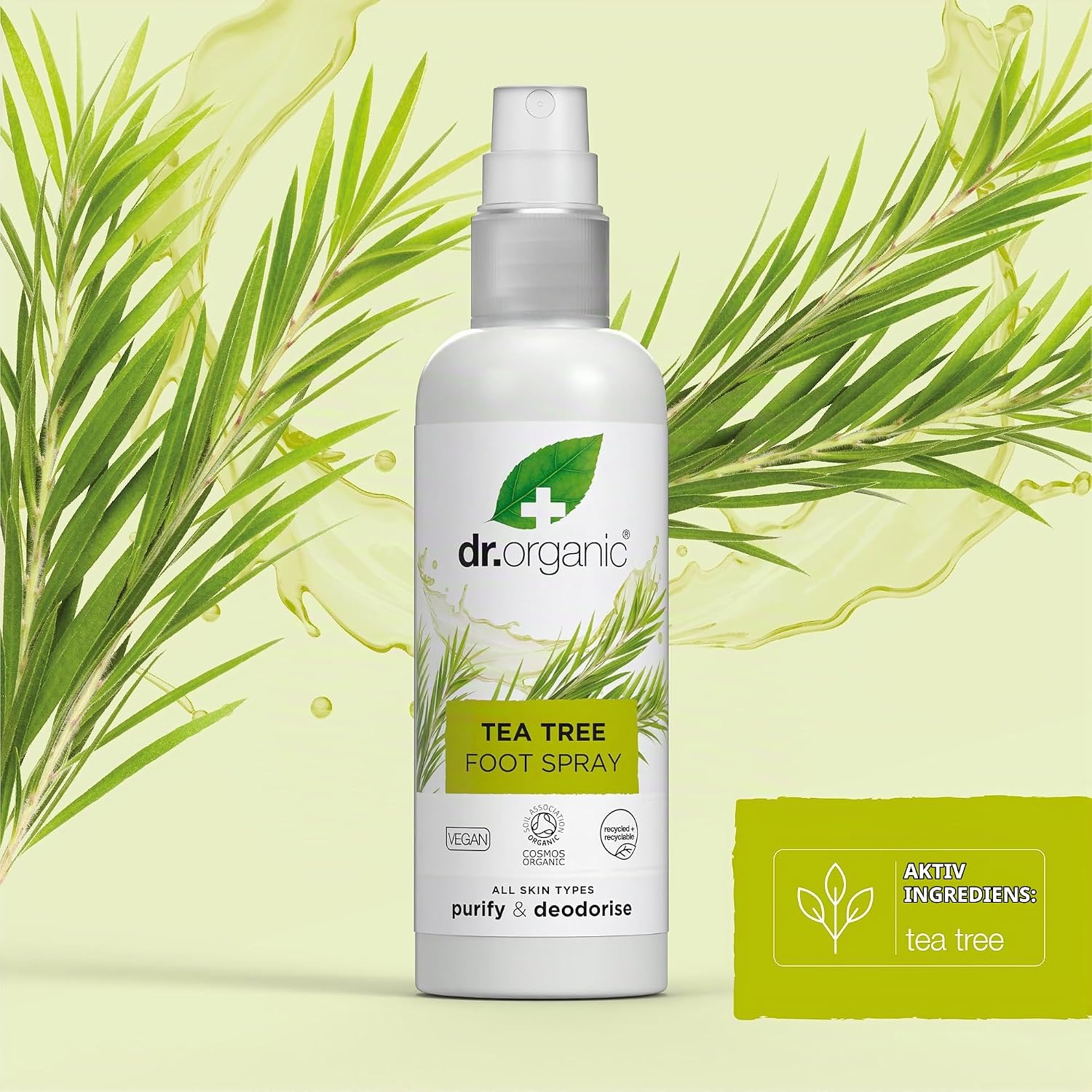 Detalle de Dr.Organic Tea Tree fotdeodorant i spray, snabbtorkande och aluminiumfri, 100 ml