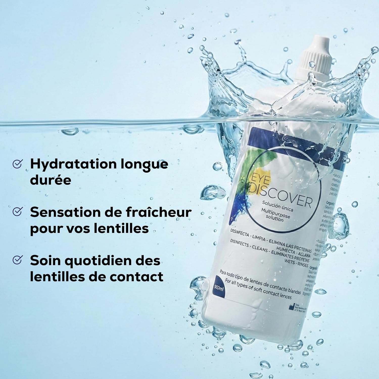 Detalle 2 de EYE DISCOVER Solution tout-en-un pour lentilles souples (désinfection, nettoyage et rinçage) – pack 3 x 360 ml + 2 étuis