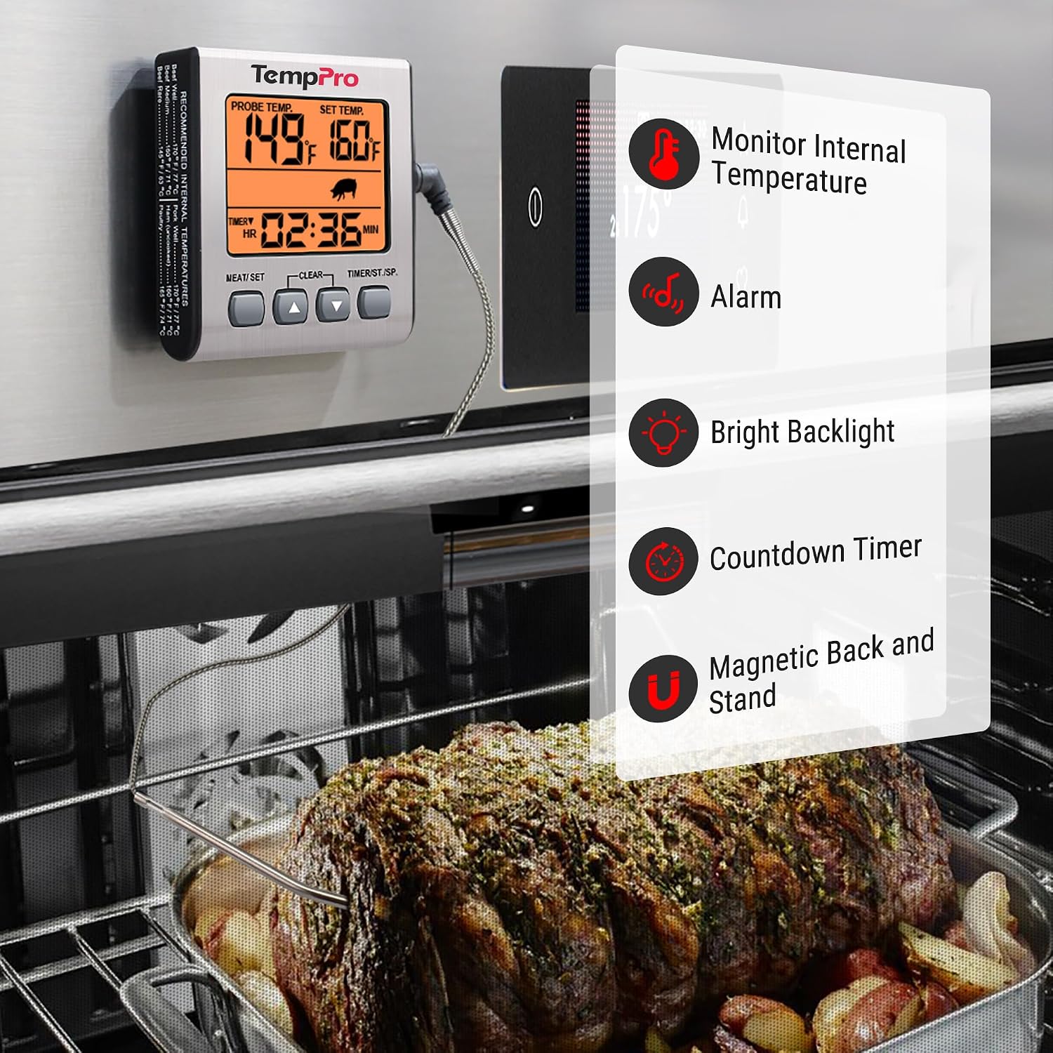 Detalle 1 de TempPro TempTrack Digital Meat Thermometer with Backlight, Timer and 6.5-inch Probe