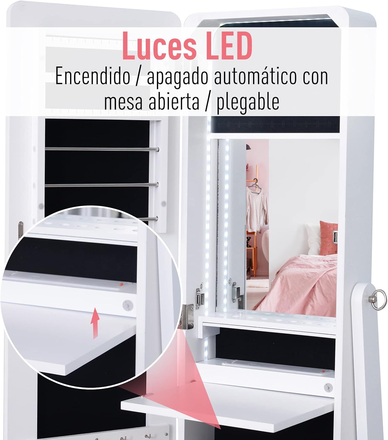 Detalle de HOMCOM joyero de pie con espejo y luces LED reclinable (30x36x146 cm) para anillos, pendientes y collares