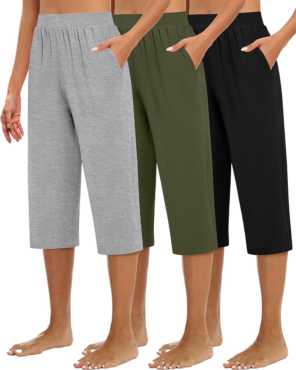 Detalle de Huukeay 3 Pack Women's Capri Sweatpants – Cozy Wide-Leg Cropped Capris with Pockets