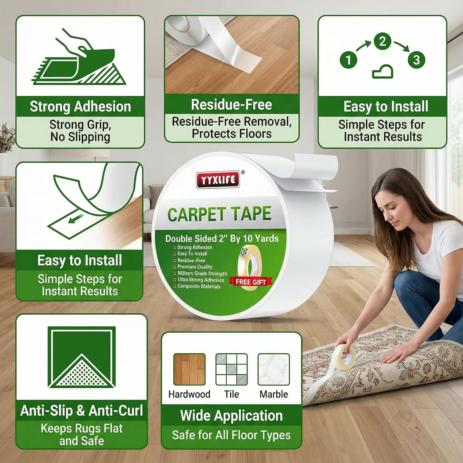Thumbnail 6 de YYXLIFE Carpet Tape, Double-Sided Rug Tape, 2 in x 10 yd, White