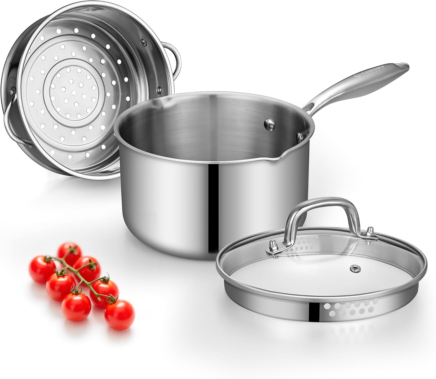 Detalle de Cyrosa Tri-Ply Stainless Steel Pot with Steamer, 2.5 QT, Glass Lid