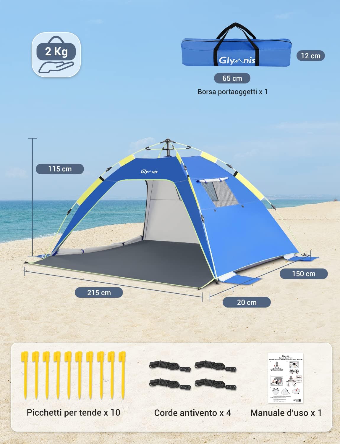Detalle 2 de Glymnis Tenda da Spiaggia Quick-up: immediata allestimento, protezione UPF50+ e spazi per 3–4 persone