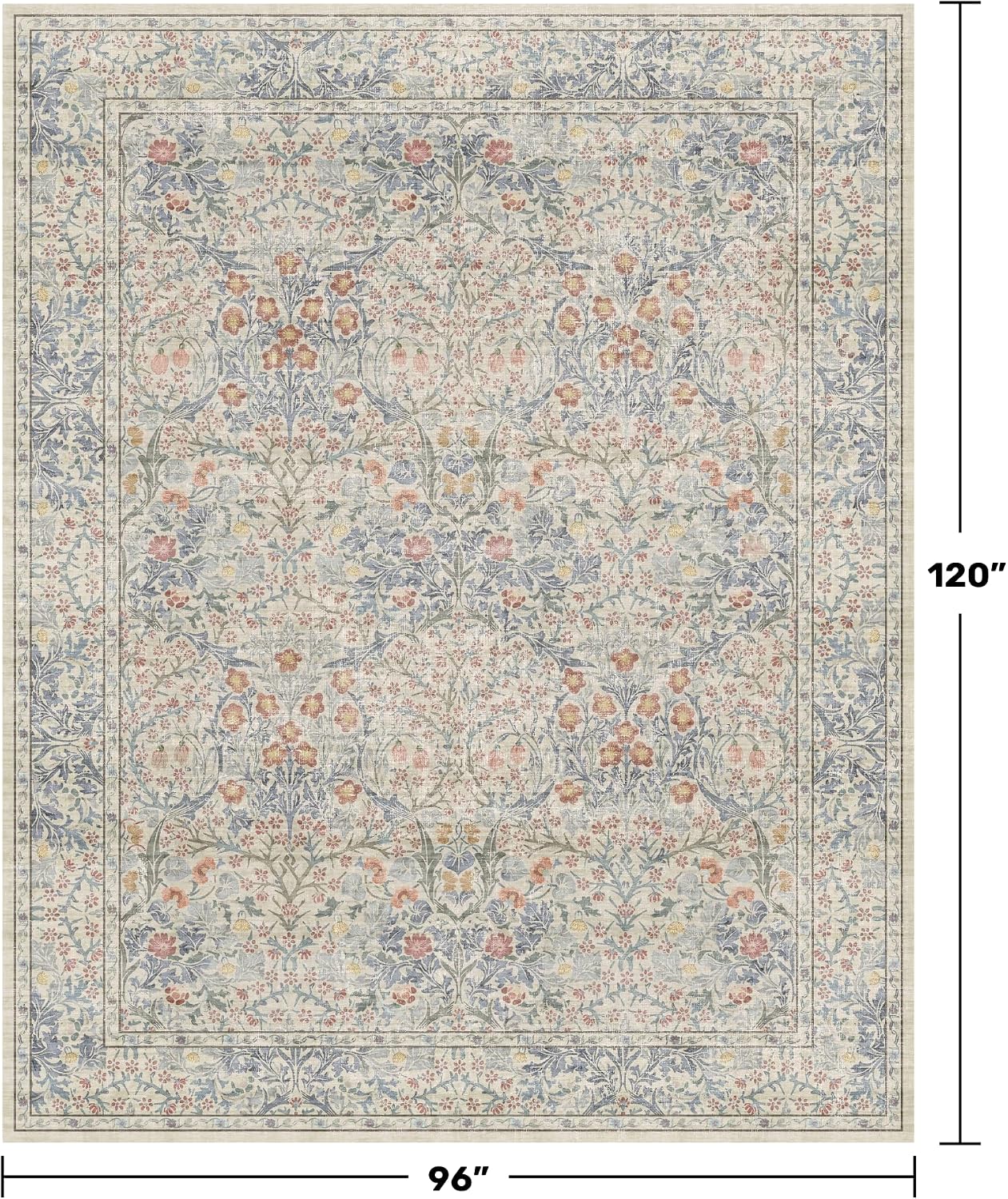 Detalle de 8x10 Washable Rug for Living Room – Vintage Floral, Non-Slip, Low-Pile (Beige/Blue)
