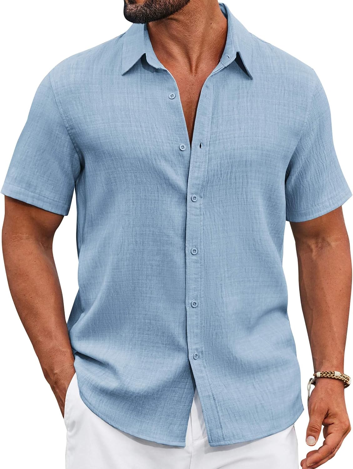Detalle 2 de COOFANDY Men's Textured Short-Sleeve Button-Down Shirt