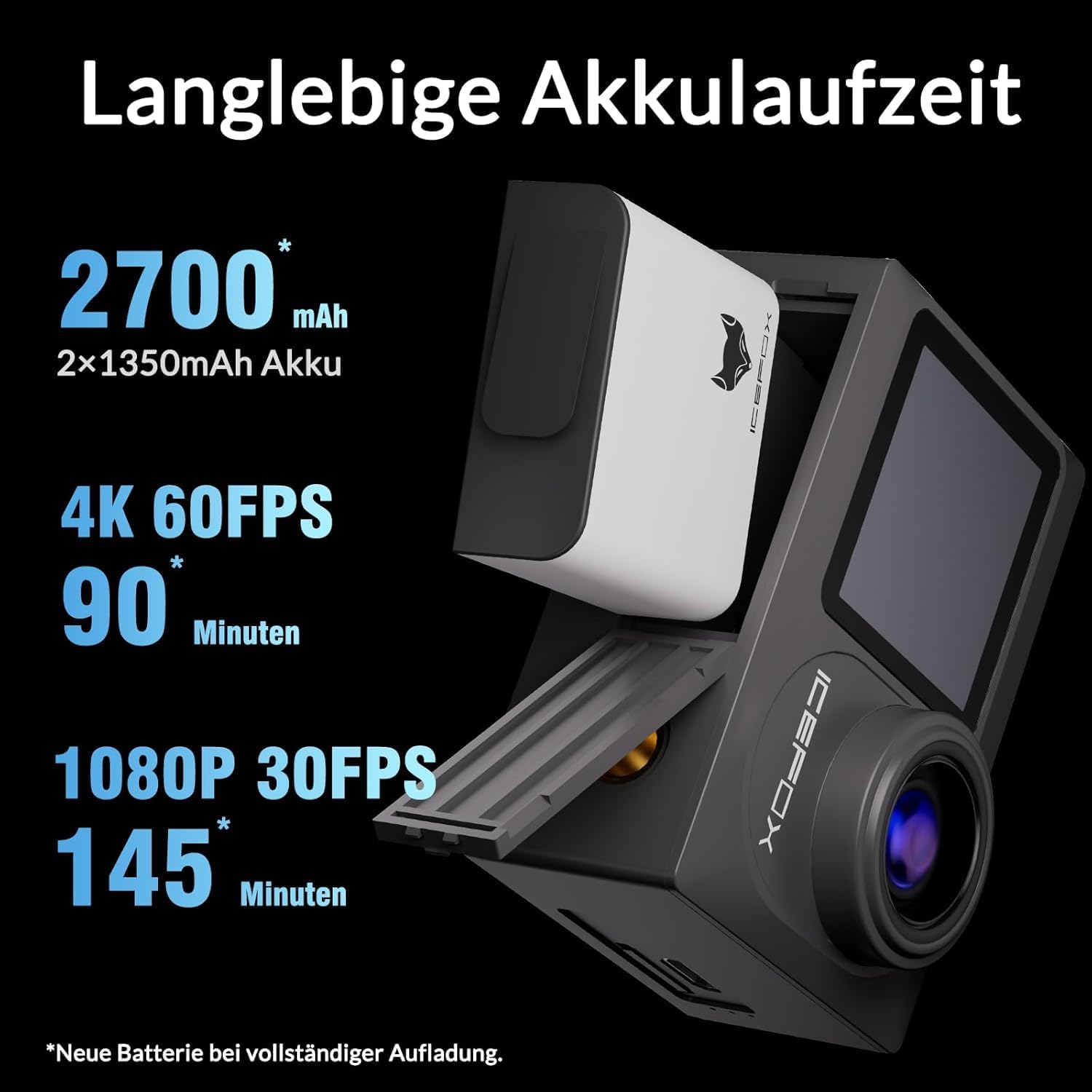 Thumbnail 3 de icefox Action Cam 4K 60FPS 20MP – Unterwasserkamera mit EIS, 30 m Tiefe, Dual-Akku und WLAN