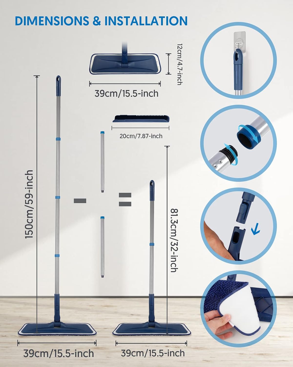 Thumbnail 4 de BPAWA 150cm flat microfibre mop with 4 pads 🧹