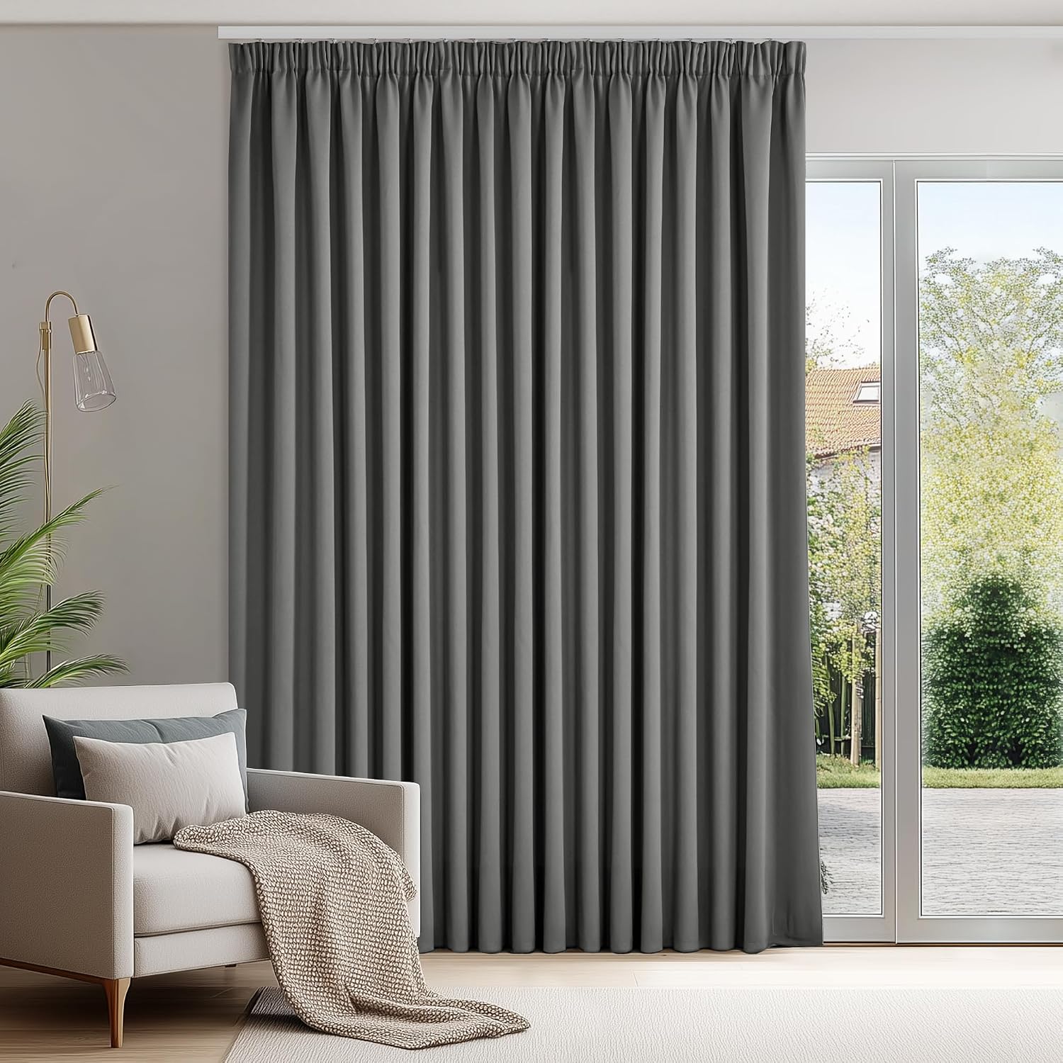 Detalle de Deconovo Thermogardinen mit Kräuselband „Blickdicht“ – Verdunkelung für Wohnzimmer, 175 x 300 cm, Hellgrau