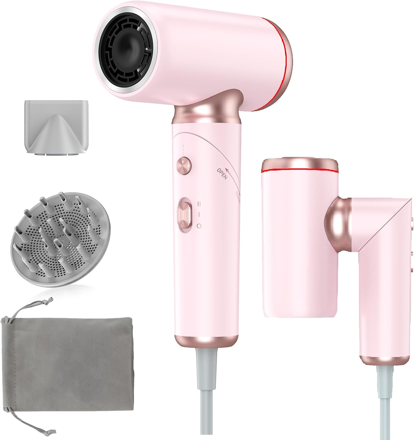 Detalle de Travel Hairdryer Dual Voltage-Foldable Hair Dryer Mini with Magnetic Diffuser — 1300W, 100-240V, Portable Ionic Pink
