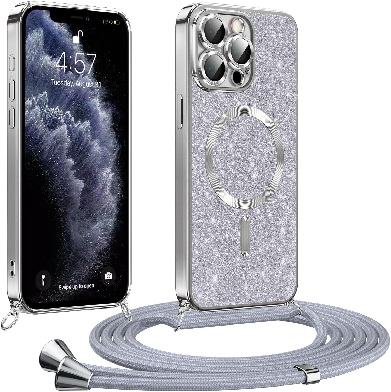 Phoona Glitter Cover per iPhone 11 Pro 5,8" con Cordino: protezione glitterata, antiurto e compatibile MagSafe (Argento)