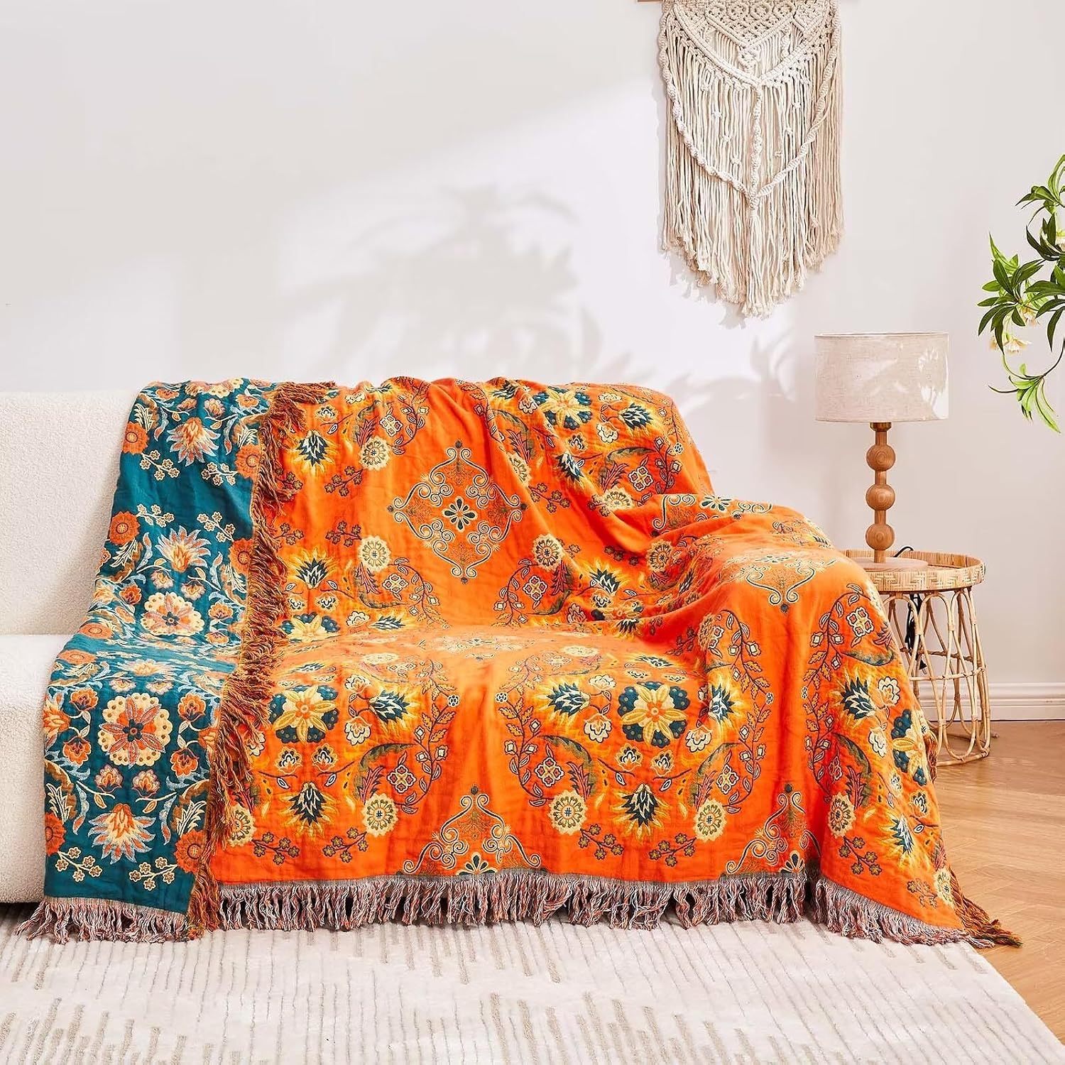Detalle 2 de XIBLC Boho Throw Blanket (100% Cotton) 60"x80" Floral Reversible Farmhouse Decor, Orange