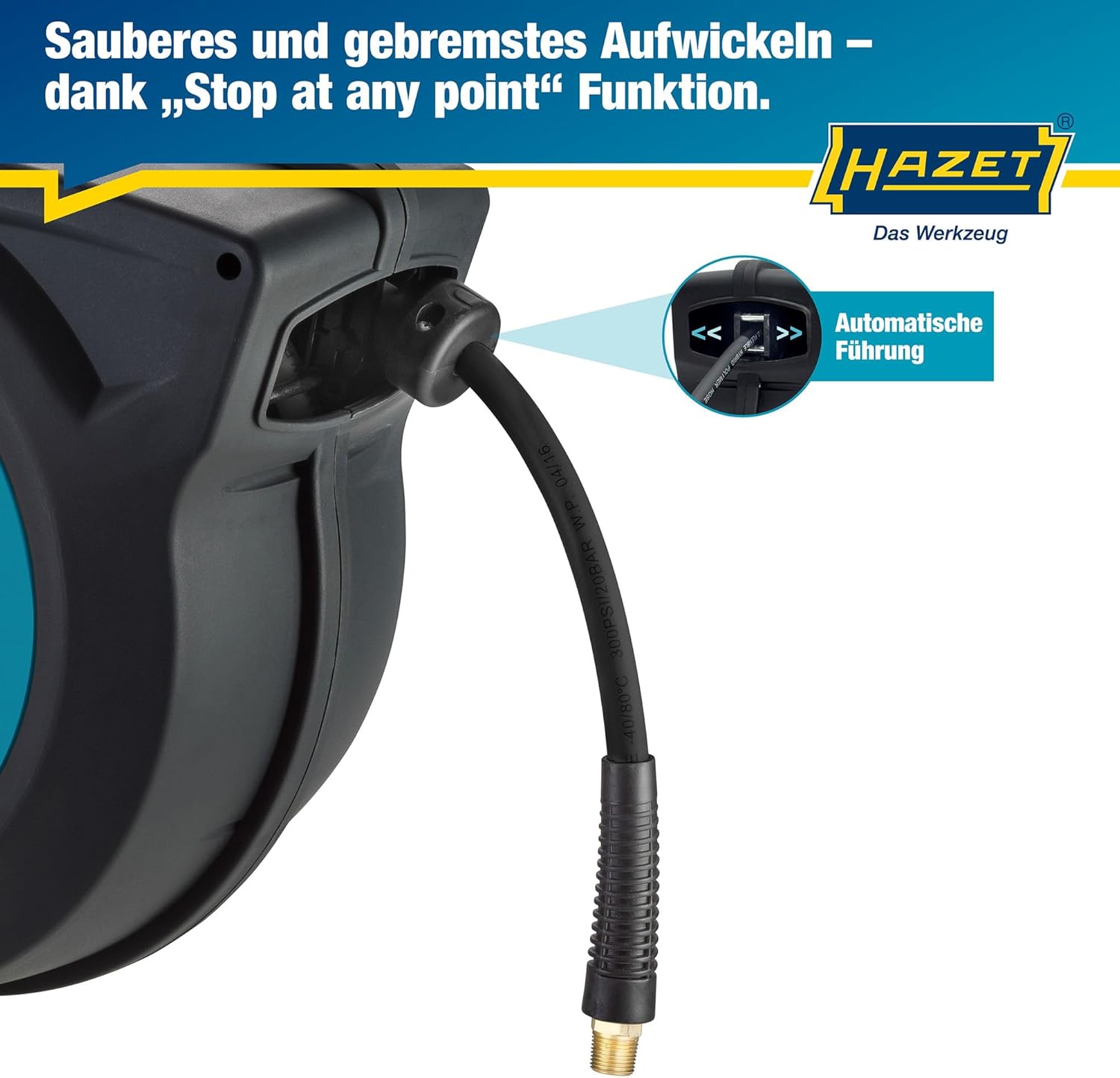 Detalle de HAZET Schlauch-Aufroller 9040N-10 – 15 m Schlauchlänge, 10 mm Innen-Durchmesser, 20 bar