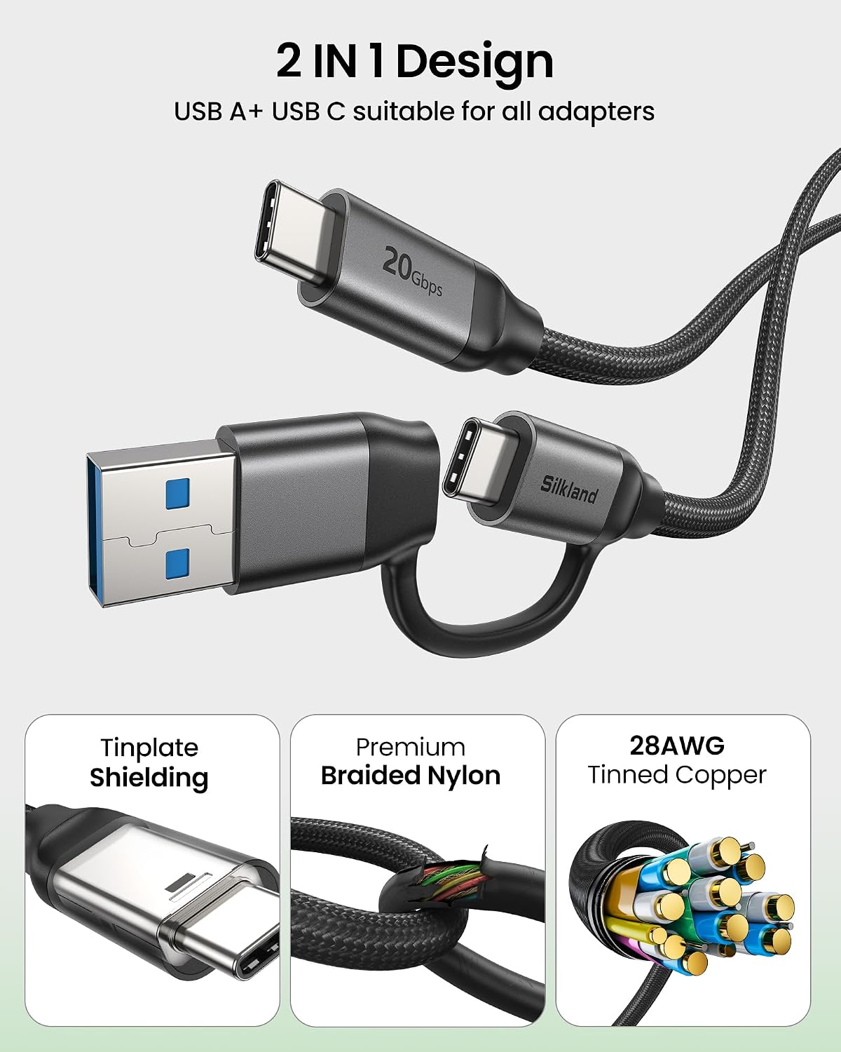 Thumbnail 6 de Silkland 2-in-1 USB A to USB C Data Cable: 10Gbps + USB-C 3.2 Gen 2x2 20Gbps, 15W/240W Fast Charging, 3.3ft