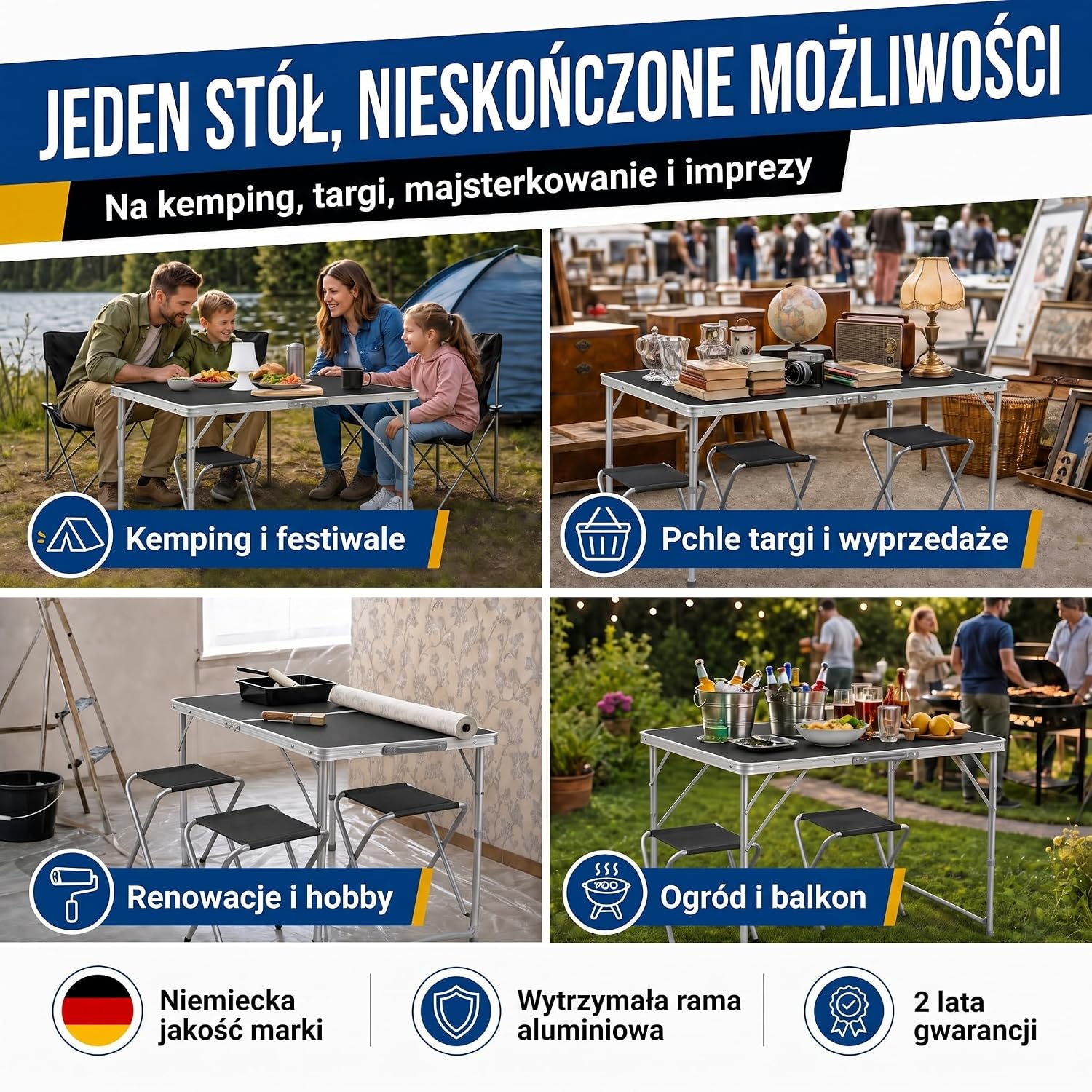Detalle de GOODS+GADGETS 3541824 – składany stół aluminiowy 120 × 60 cm, 3 wysokości