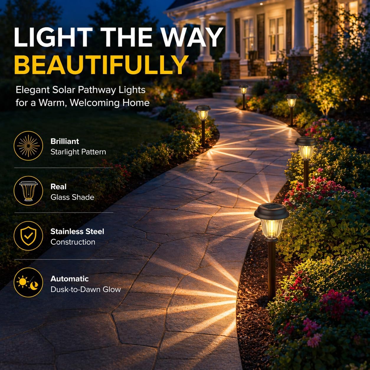 Detalle de DERAYSION A115Z8PBR Solar Pathway Lights, 8-Pack Stainless Steel and Glass, Warm White