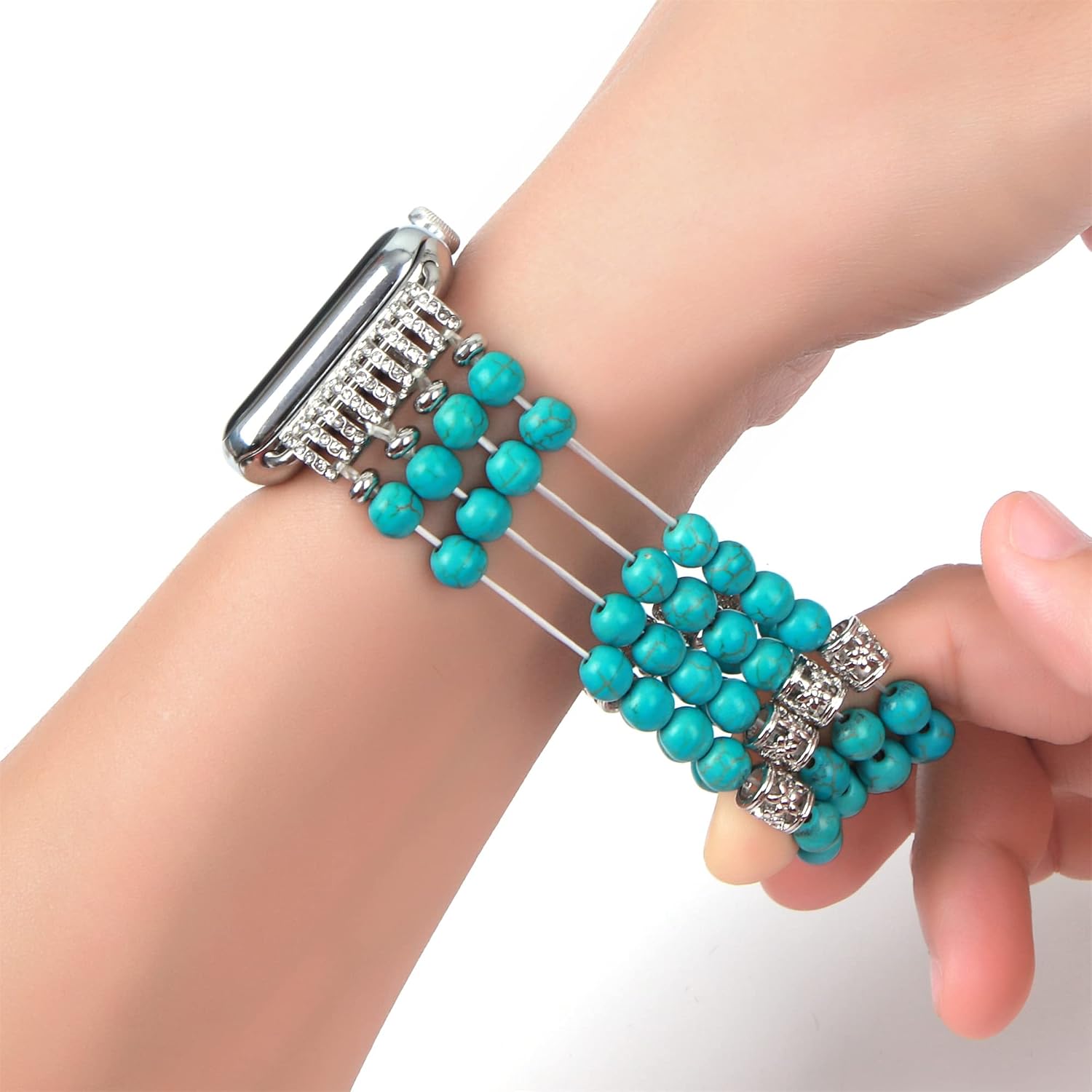 Detalle de GEMEK Turquoise Pearl Beaded Elastic Apple Watch Strap (42–49mm) – Handmade Stretch Bracelet