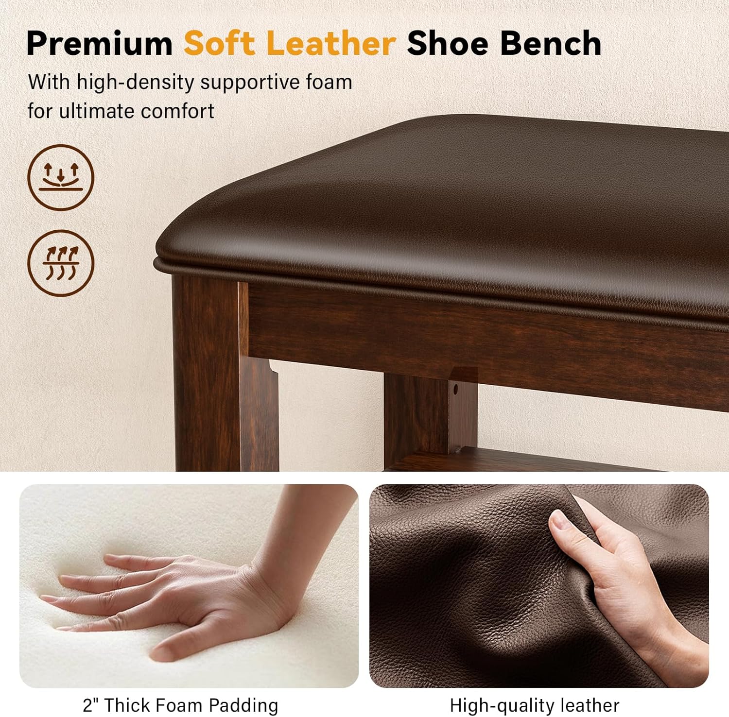 Detalle de Entryway Shoe Storage Bench with Leather Cushion