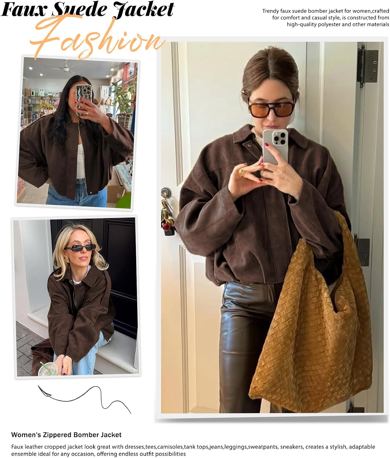 Thumbnail 5 de Bnigung Women's Faux Suede Cropped Bomber Jacket with Batwing Sleeves
