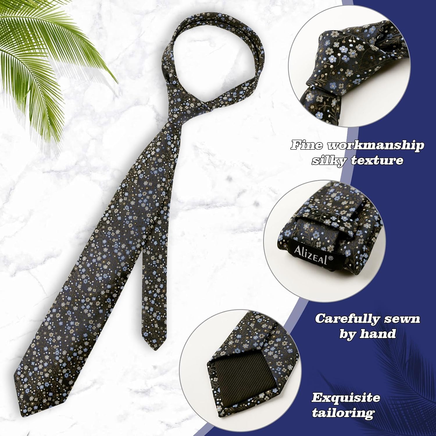 Thumbnail 3 de Alizeal Mens Flower Patterned Wedding Tie with Pocket Square Set (8cm)