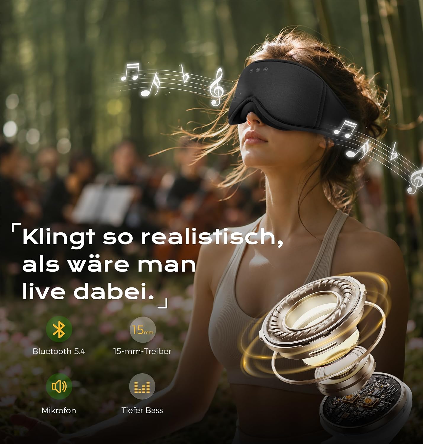 Detalle de MUSICOZY Schlafmaske mit Kopfhörer – 3D-Bambus-Baumwolle, Bluetooth 5.4, 16 Std. Akku