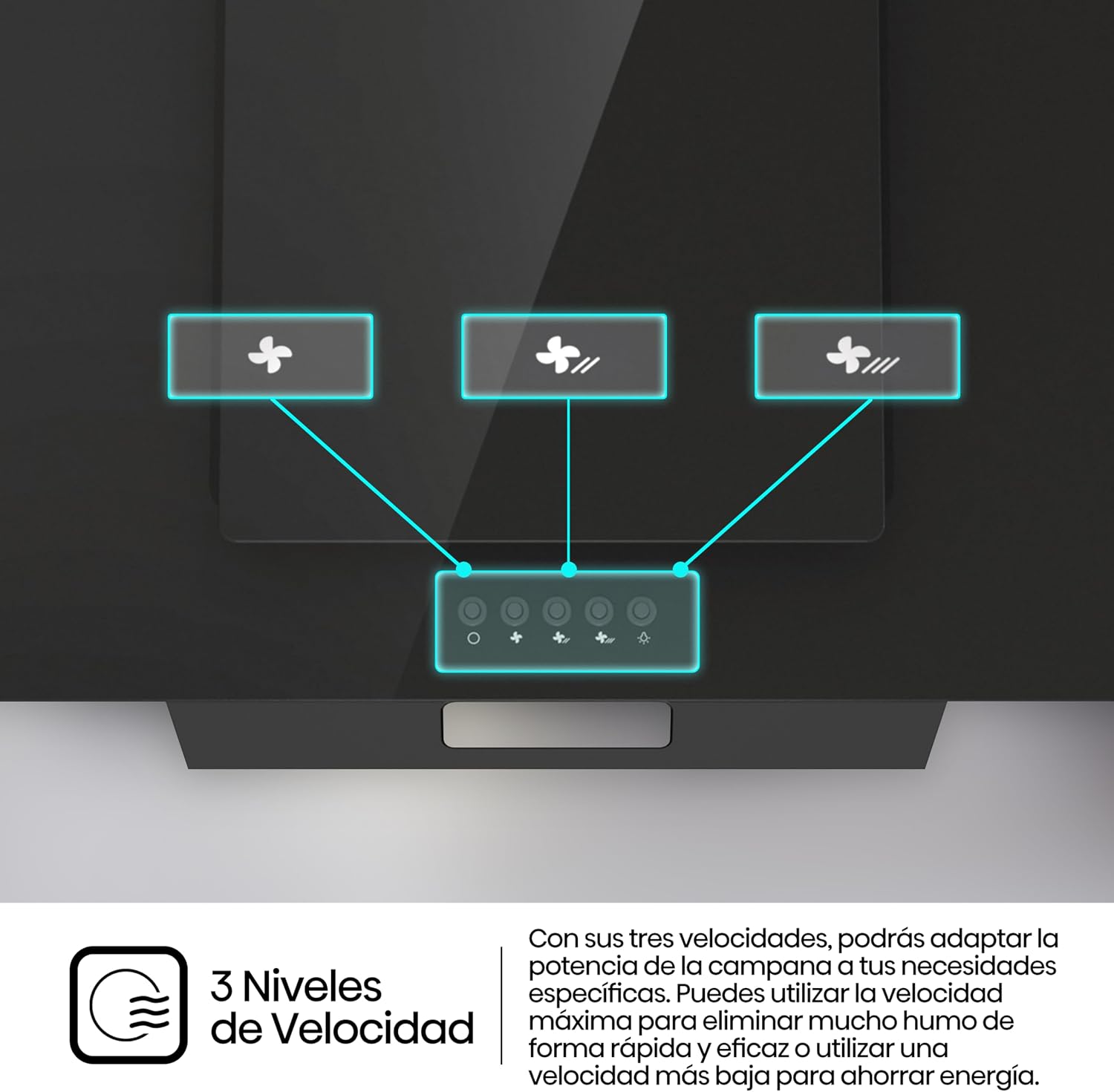 Detalle de Hisense CH6IN6BXBG: Campana decorativa de 60 cm con extracción de 650 m³/h y iluminación LED