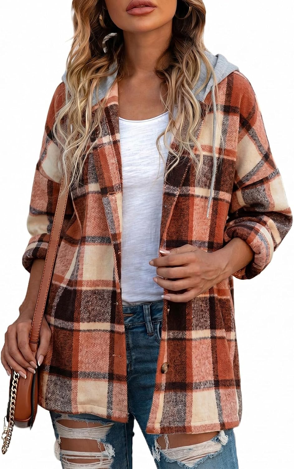 Detalle de SHEWIN Women's Plaid Hooded Shacket