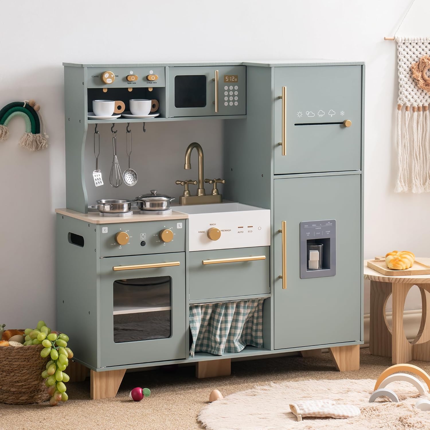 Detalle de ROBUD Play Kitchen Set: Wooden Play Kitchen with Ice Maker and Realistic Accessories