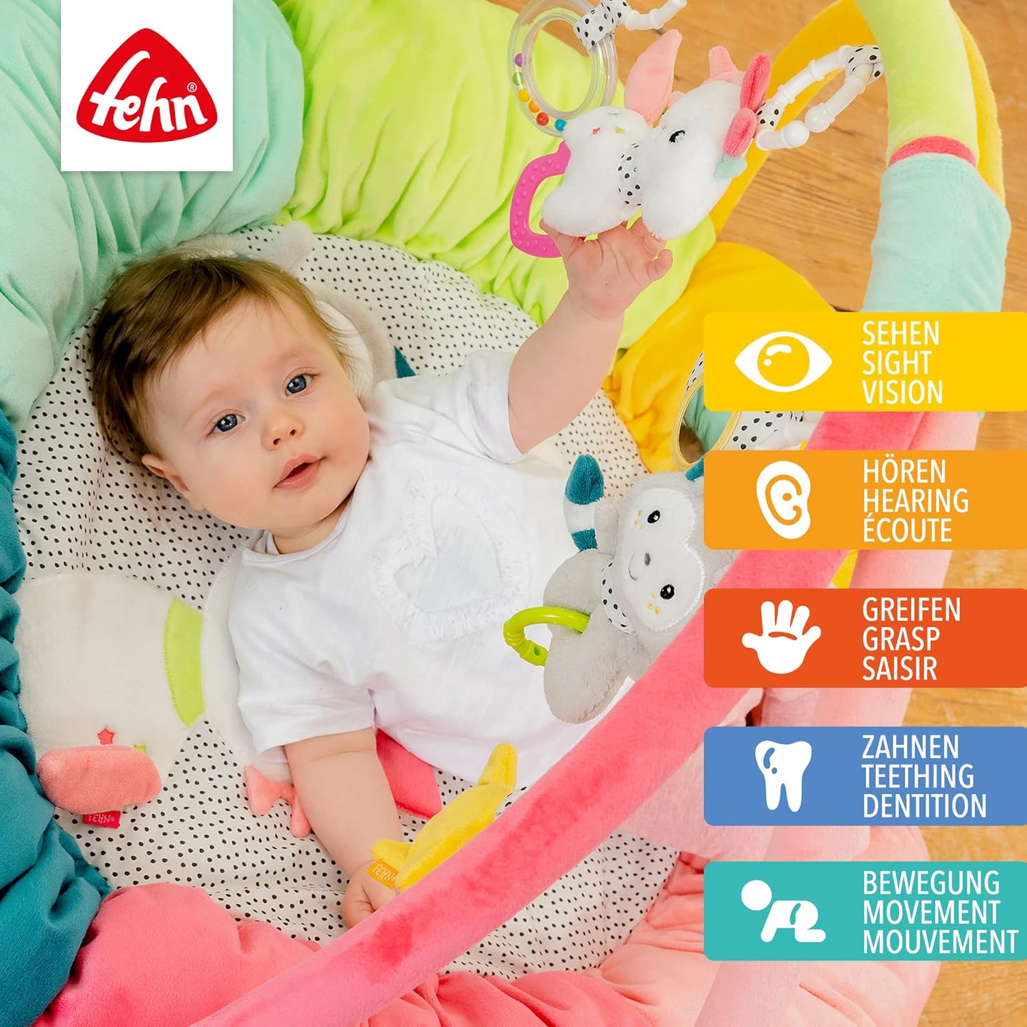 Detalle de Fehn 3-D-Activity-Nest Spielbogen Aiko und Yuki – Krabbeldecke mit 5 abnehmbaren Spielzeugen (85 cm)