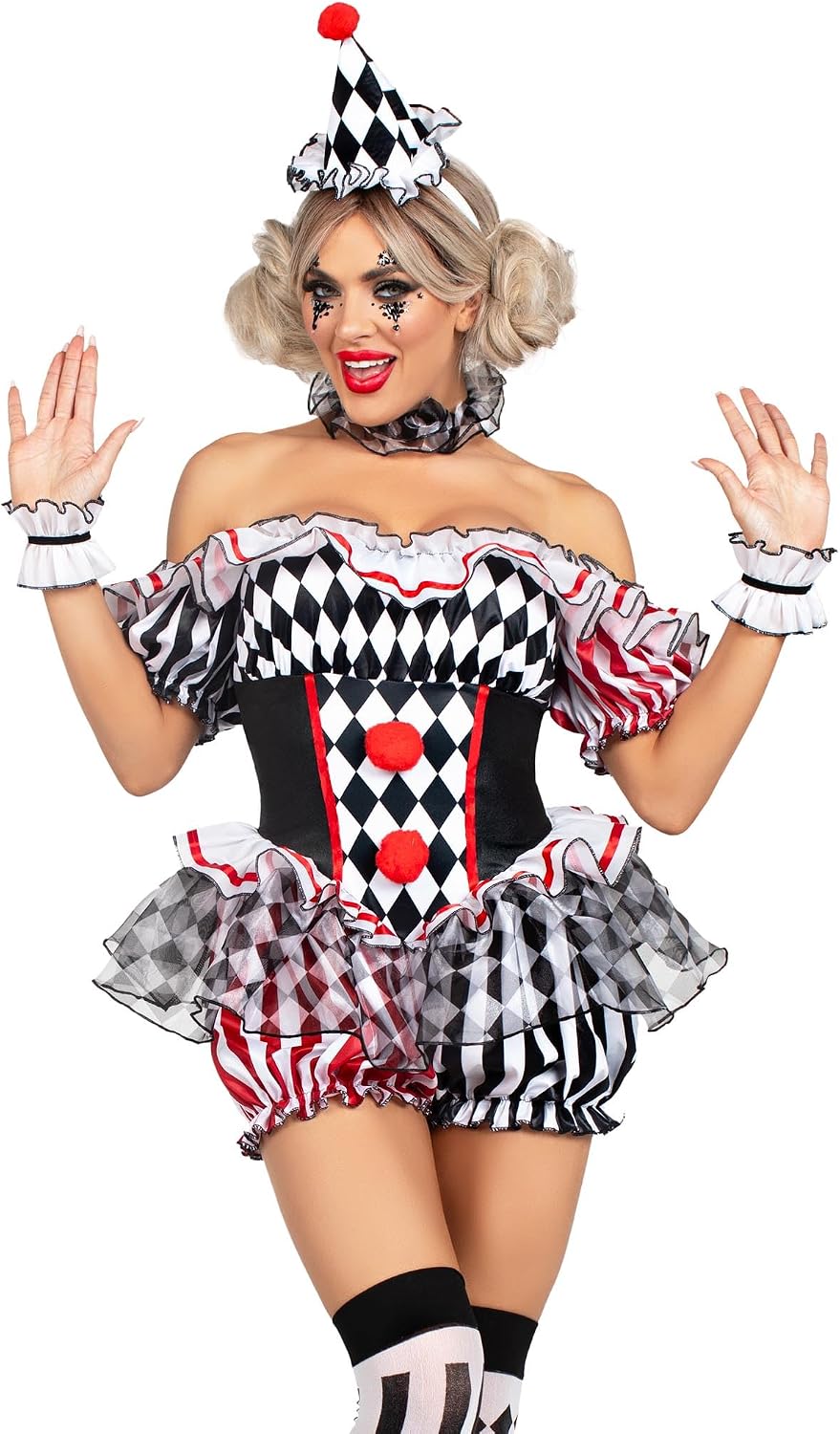 Detalle de Leg Avenue Darling Harlequin Clown Costume with Hat, Ruffles and Pom-Poms