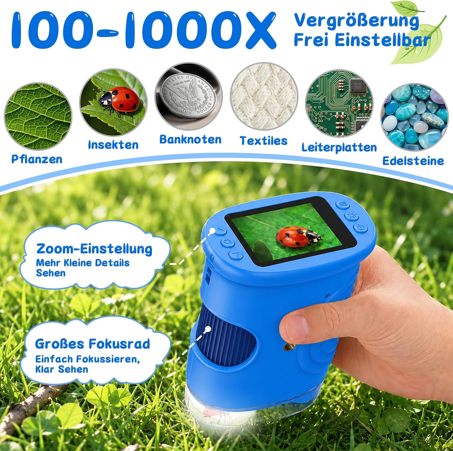 Detalle de ASPOVEN Digitales Mikroskop für Kinder 1000X – 2 Zoll HD Display, 8 LED Beleuchtung, Foto & Video