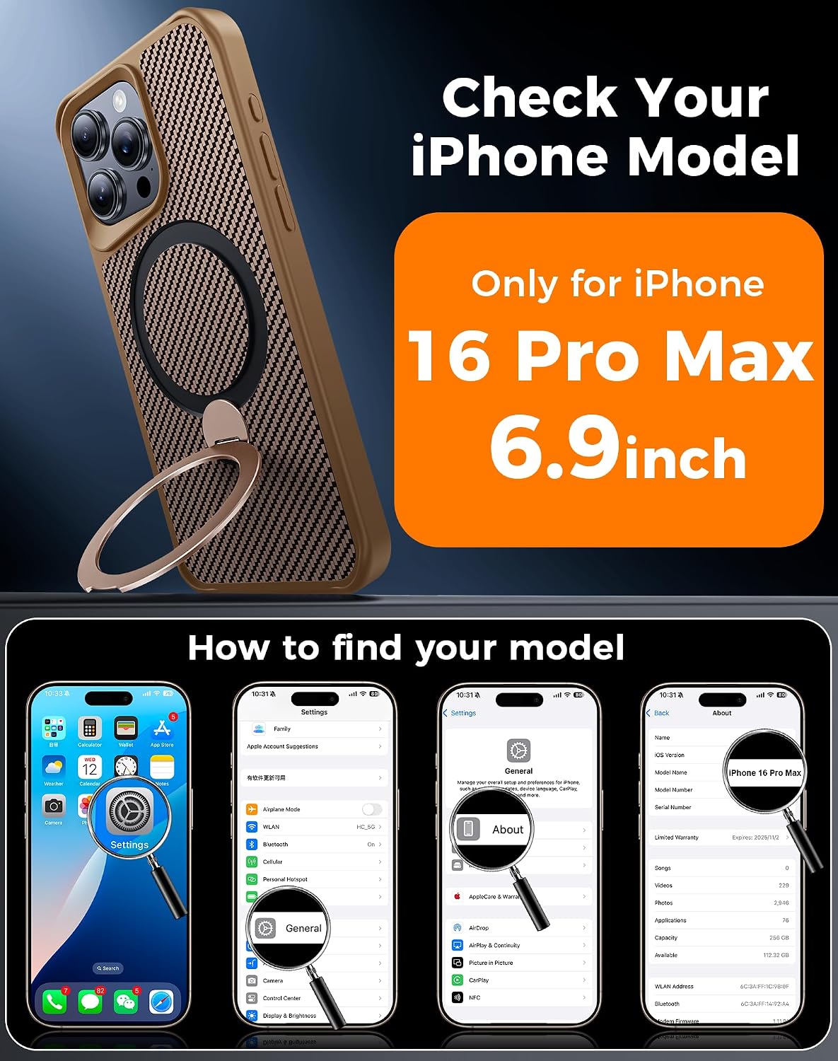 Detalle de Enlafavo 16 Pro Max Case with 360° Magnetic Stand and Carbon Fiber Back, 15FT Military Protection