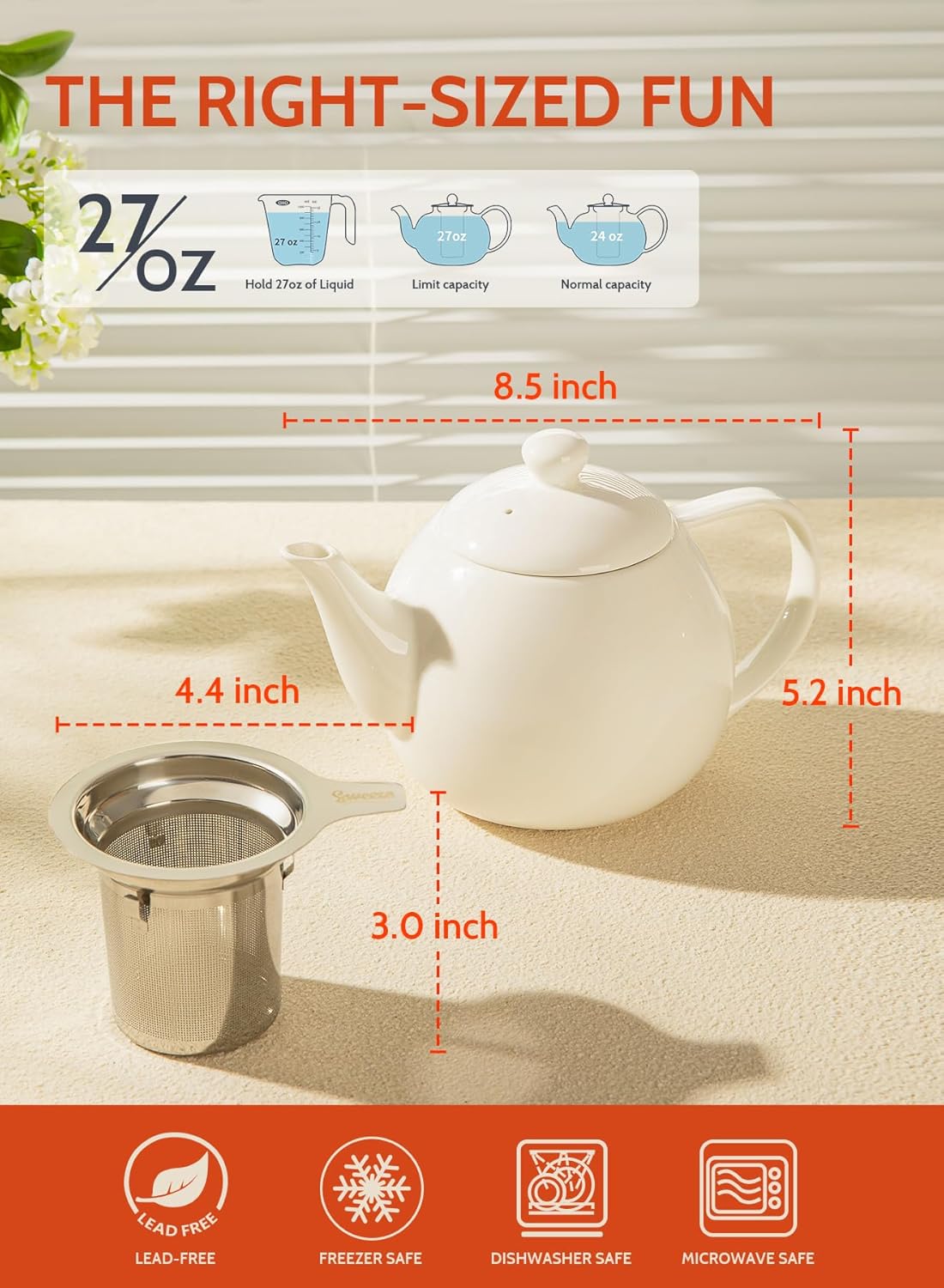 Thumbnail 2 de Sweese Teapots for Tea (27 oz) Porcelain Teapot with Removable Stainless Steel Infuser, White