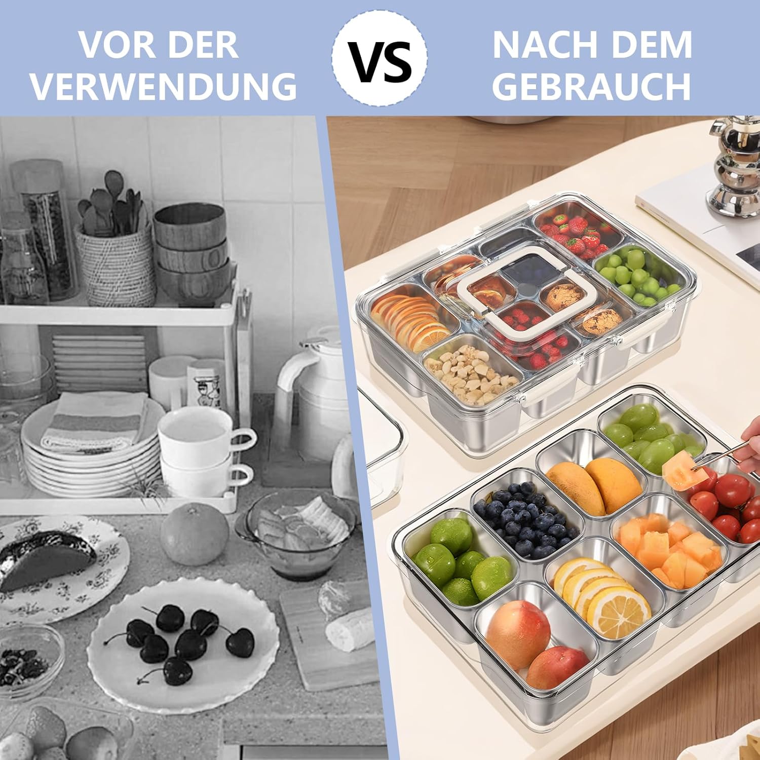 Detalle de JINDUN Snackbox mit 8 Edelstahl Fächern – hygienische Aufbewahrung mit 8 Deckeln
